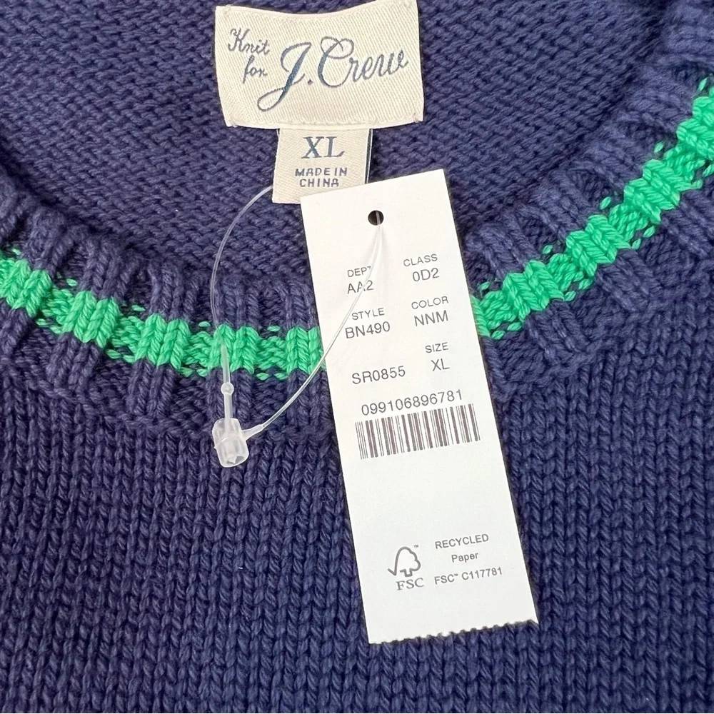 J Crew long sleeve Heritage cotton tipped pullover sweater crew neck navy blue‎